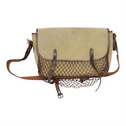 Leather cartridge bag with a canvas strap, together with another cartridge bag, two leather belts etc