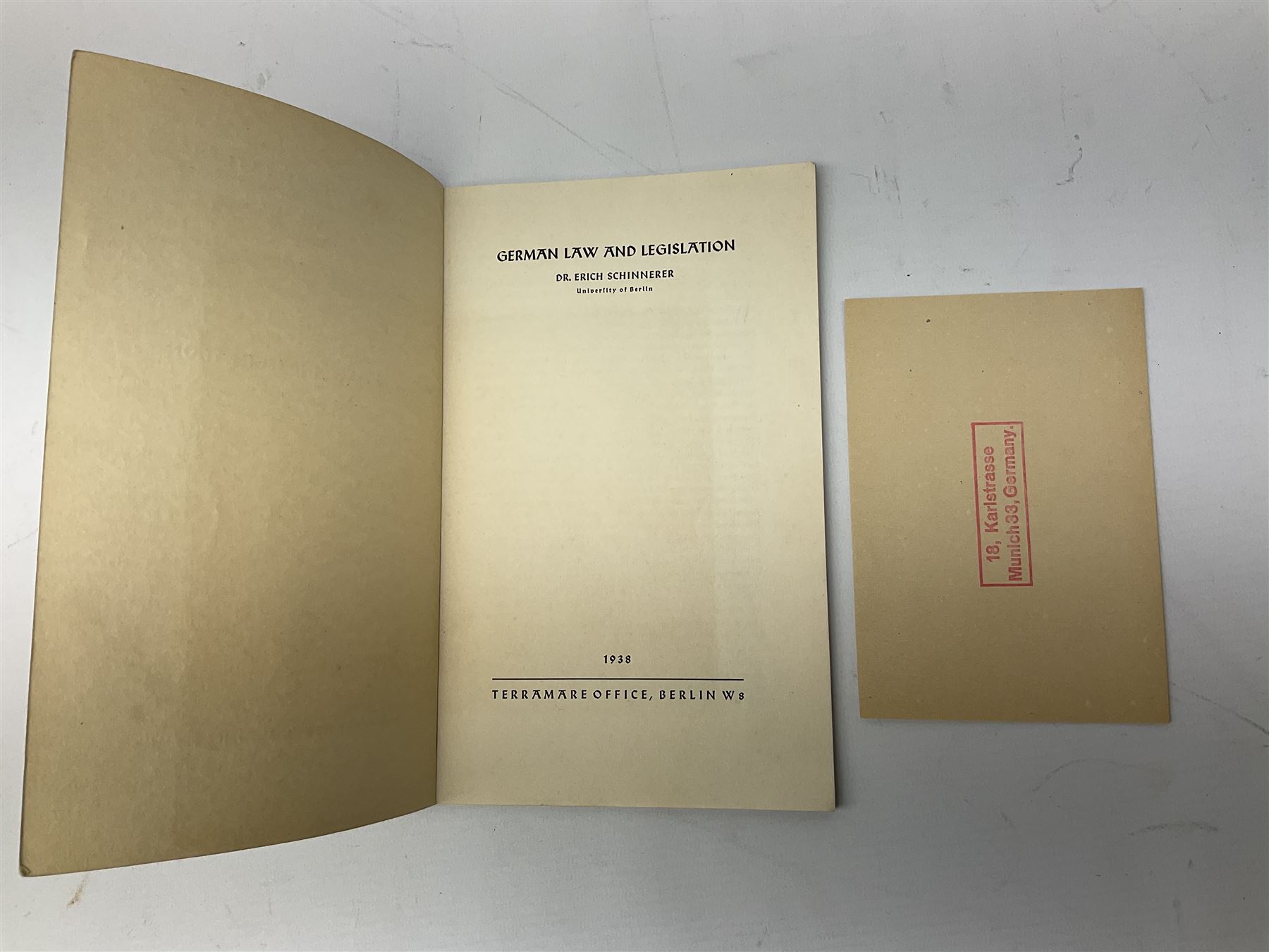 Set of six 1938 German booklets by Terramare Publications comprising No.1 Adolf Hitler by Philip Bouhler, No.2 German Political Profiles by Hans Heinz Sadila-Mantau, No.3 Versailles in Liquidation by Friedrich Grimm, No.4 German Law and Legislation by Erich Schinnerer, No.5 German Labour Service by Fritz Edel and No.6 Social Welfare in Germany by Werner Reher; some illustrated; all with English text (6)