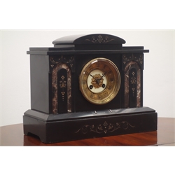  Victorian black slate and marble mantle clock with gilt engraved decoration, twin train movement striking on coil, W33cm  