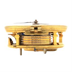 18th century verge fusee pocket watch movement by Andrew Dickie, Edinburgh, No. 1586, square baluster pillars, pierced and engraved balance cock decorated with a mask and diamond endstone, white enamel dial with Roman hours and outer Arabic minute ring with beetle and poker hands