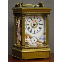  20th century brass alarm carriage clock, painted porcelain dial and panels depicting nude women, four Corinthian column pilasters, eight day movement, H19cm   