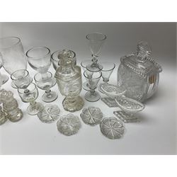A group of 19th century and later glassware, to include a pair of cut glass open salts of navette or boat form, possibly Irish, two cut glass sweetmeat jars and covers, a further cut glass jar and cover, various early 19th century style drinking glasses, etc. 