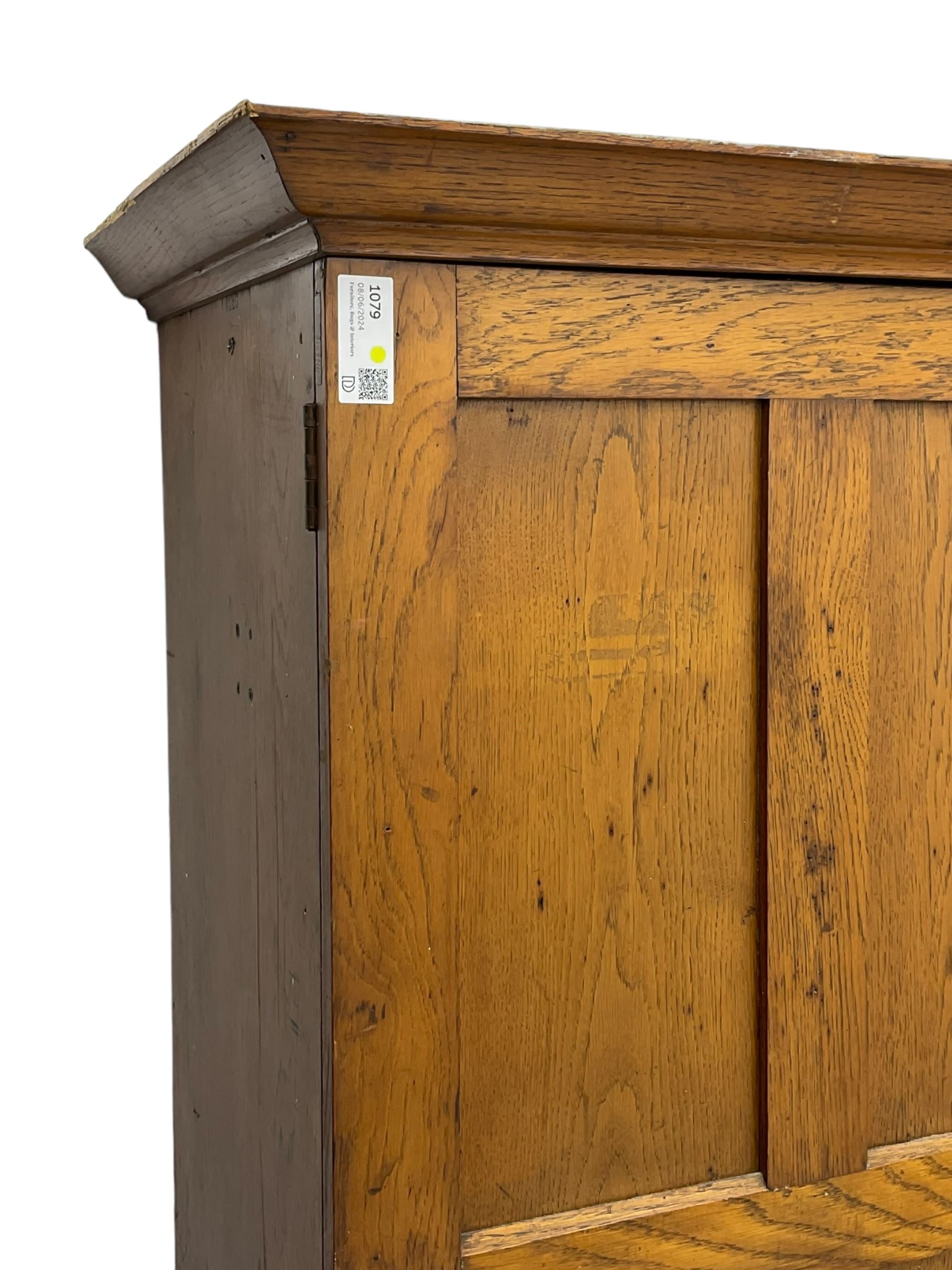 The North of England School Furnishing Company Limited Darlington - early 20th century oak school cupboard, projecting moulded cornice over two panelled doors, fitted with shelves, on chamfered plinth base 