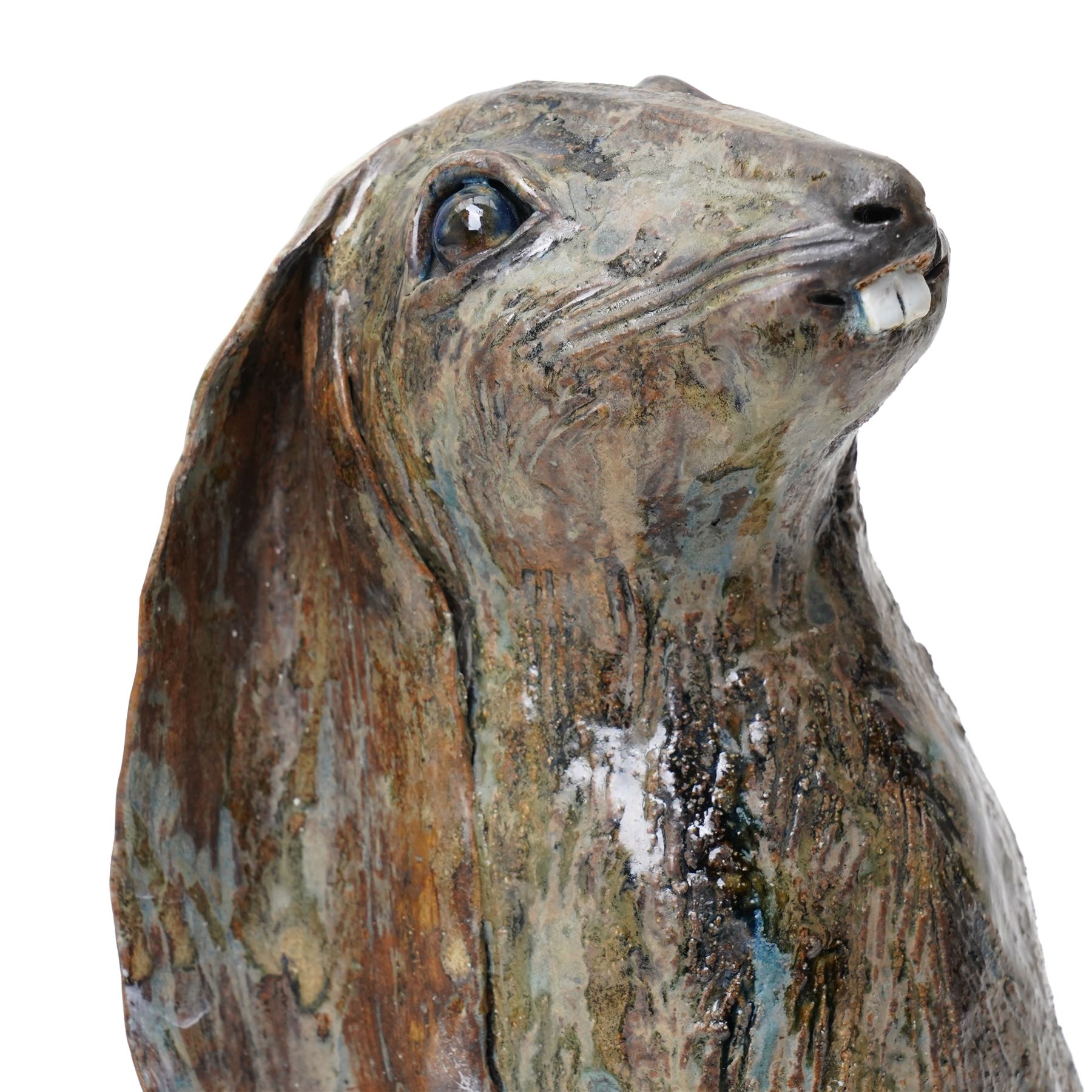 Galea Belinscaia (Yorkshire Contemporary): Hare, glazed figurative sculpture, H42cm Notes: Awarded second prize in the 2019 Bradford Open exhibition and Art Competition judged by John Loker and Caroline Douglas. The sculpture was complimented for its tremendous presence, with the judges noting that Belinscaia's work is 'witty, inventive and wonderfully dynamic.'