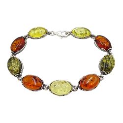 Silver green and golden oval amber bracelet, stamped 925