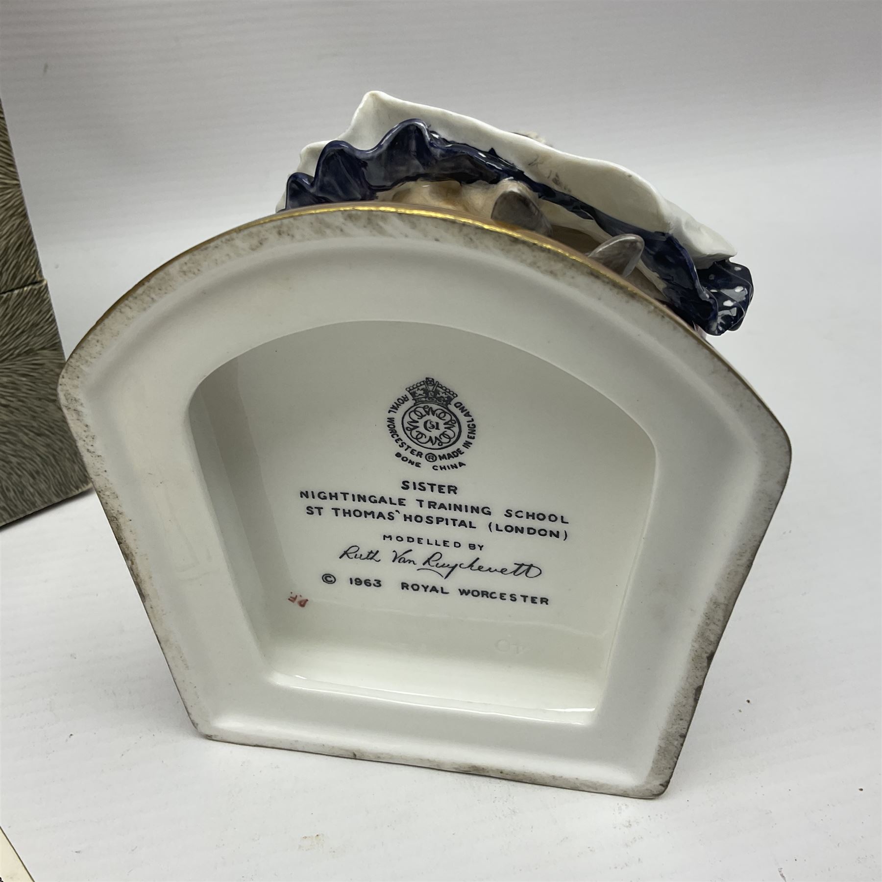 Royal Worcester limited edition figure, Sister St Thomas Hospital (London), no 180/500, modelled as a nurse in uniform, sitting on a striped wingback chair, with printed mark beneath, in original box with certificate, H16cm