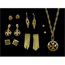 Six pairs of 9ct gold stud earrings and a 9ct gold Maltese cross pendant necklace