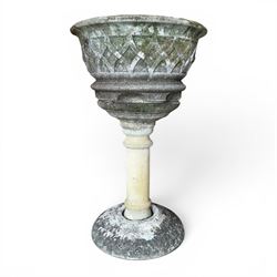 Large circular cast stone planter, and a small lattice planter on raised column