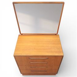 G Plan - 'Fresco' chest of drawers and mirrored dresser, chest of drawers with six drawers, dresser with four graduating drawers and swing mirror surrounded in teak, both raised on a recessed plinth base
Chest H 99cm, W 53cm, D 45cm
Dresser H 136cm, W 72cm, D 48cm