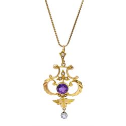 Edwardian gold amethyst, aquamarine and pearl openwork pendant, stamped 15ct, on 9ct gold necklace chain
