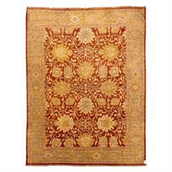 Central Persian Ziegler design hand-woven carpet, rich madder red field with central styli...