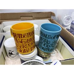 Large collection of ceramics to include God Speed the Plough loving cup, Denby, Coalport, Portmeirion, quantity of mugs etc in four boxes