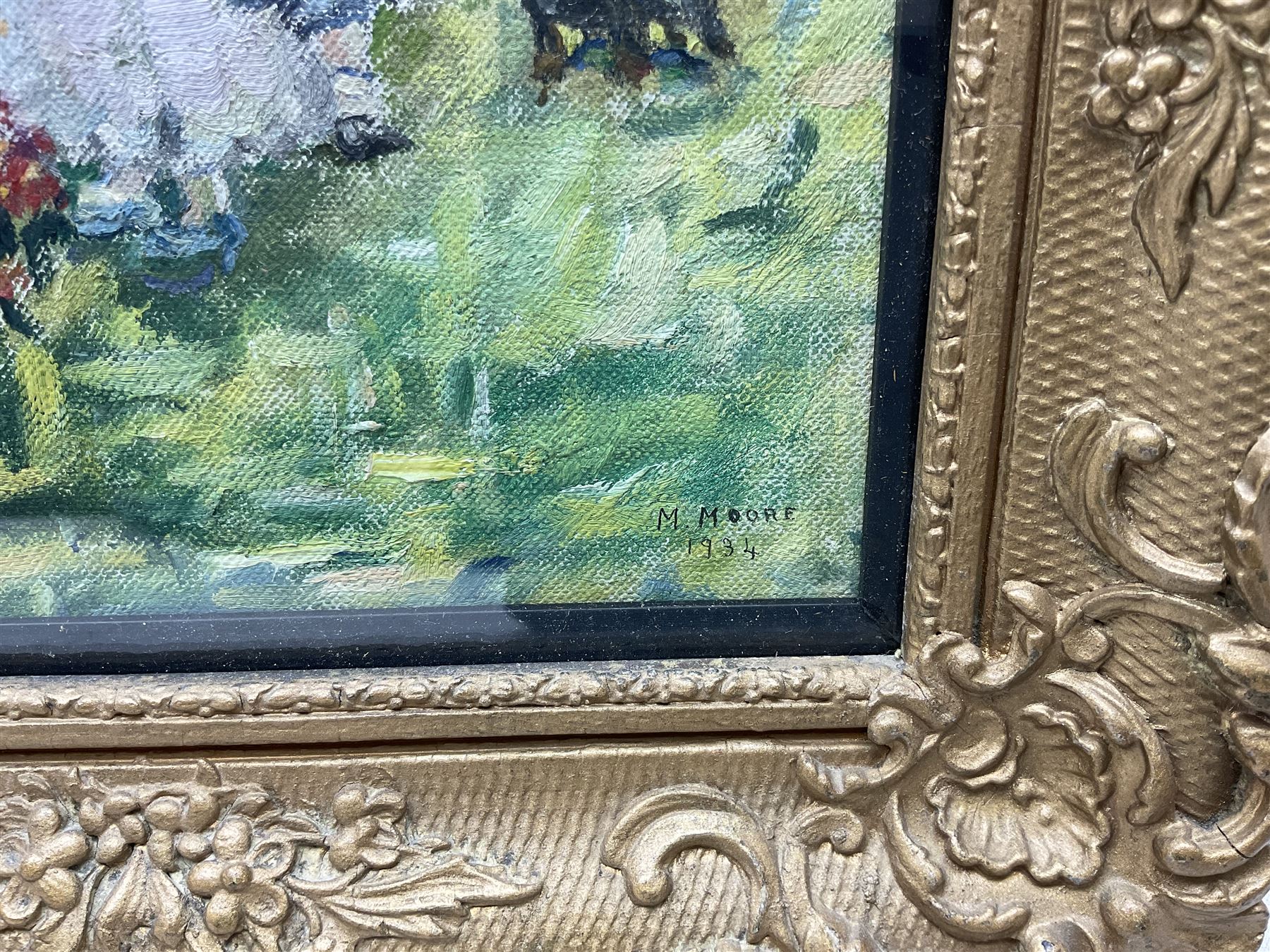 Marjorie Moore (British exh.1922-1937): 'The Italian Landscape', oil on canvas signed and dated 1934, original title label with artist's Sutton Coldfield address verso 34cm x 39cm 
Provenance: exh. Society of Women Artists, label verso