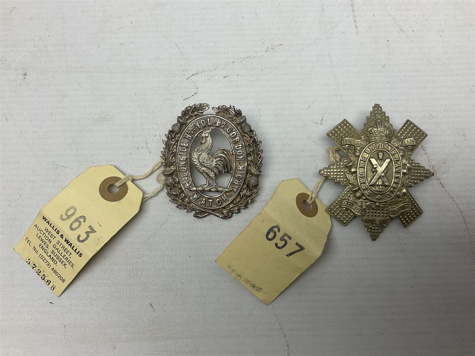 4th Donside Highland Volunteer Battalion Gordon Highlanders Glengarry Badge, white metal with two lug fittings to the reverse; and Highland Cyclist's Battalion Territorial Forces Glengarry badge (2)