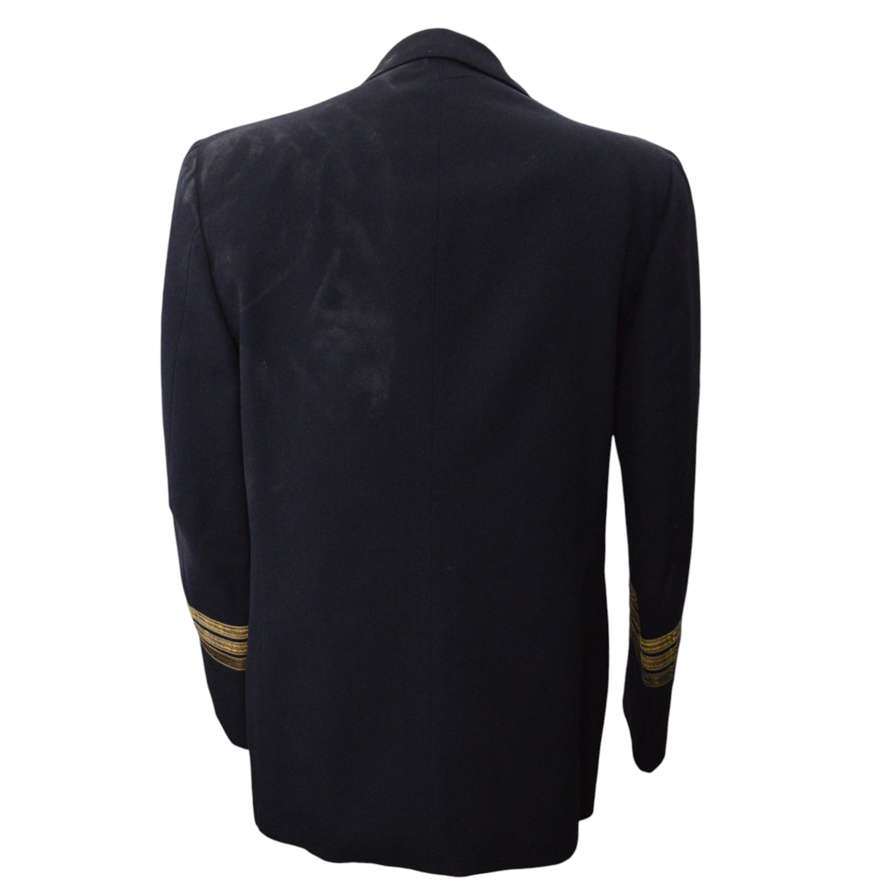 German World War II Kreigsmarine navy blue jacket by Ernst Brendler, Hamburg, with ribbon band, National Emblem and  anchor brass buttons