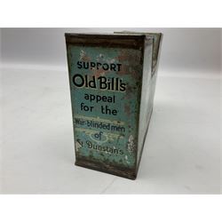 After Bruce Bairnsfather, early 20th century tin-plate collecting box for St. Dunstan's, of oblong form with all over illustrations and writing and central well to the top with two coin apertures and 'Old Bill' nodding head L21cm