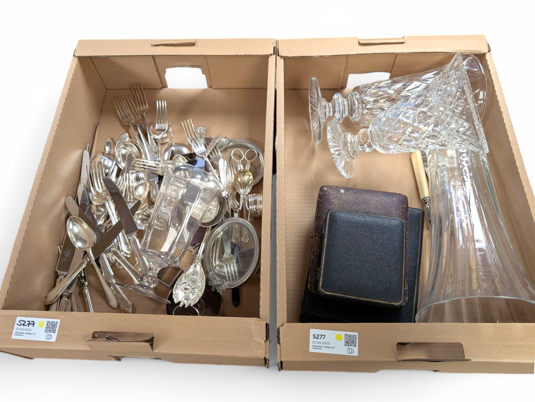 Four glass vases and a collection of silver plated cutlery, including cased examples