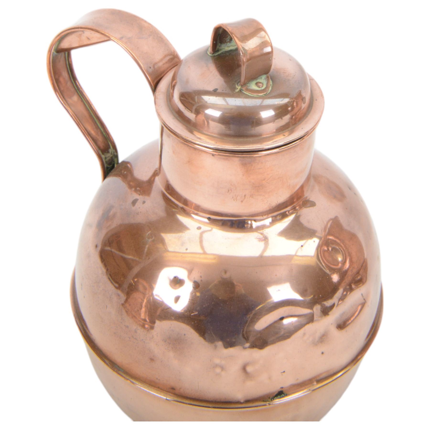 Helmet shaped copper coal scuttle with hammered finish, copper jug and a Guernsey style copper milk jug with lid, together with a small four legged wooden stool with elm seat, not including handle scuttle H32cm