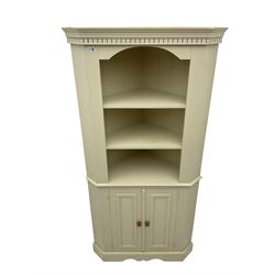 Painted pine corner cupboard, dentil frieze over two shelves and cupboard