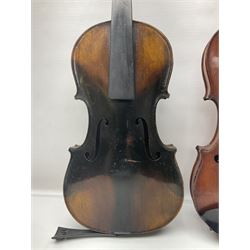 German violin c1890 with 36cm two-piece maple back and ribs and spruce top; bears label 'Antonius Stradivarius Cremona Faciebat Anno 1729' L59.5cm overall; in ebonised wooden 'coffin' case; and two German violins c1890 for completion - one bearing a Stradivarius label, the other a Ruggeri label; both in carrying cases (3)
