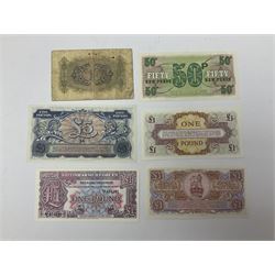 Twenty six mostly Bank of England banknotes, to include Peppiatt issues comprising one pound and ten shilling notes serial numbers ‘A97D’ and ‘09J’, Gill fifty pound note serial no. ‘D52’, O’Brien Blue Lion and Key series with helmeted Britannia to front serial no. ‘J23’, and further issues including British Armed Forces special vouchers, housed in plastic sleeves 