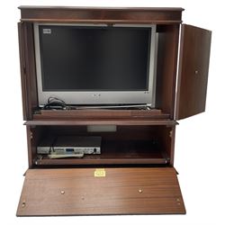 Rectangular mahogany coffee table (103cm x 56cm, H48cm); mahogany media cabinet with SONY television (W79cm, H95cm, D45cm); nest of three figured walnut tables (W57cm, H56cm, D41cm); and a figured walnut console table (W75cm, H73cm, D38cm)