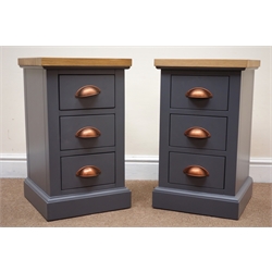  Pair bedside chests, natural oak finish top, three drawers painted slate blue, plinth base, W35cm, H59cm, D36cm  