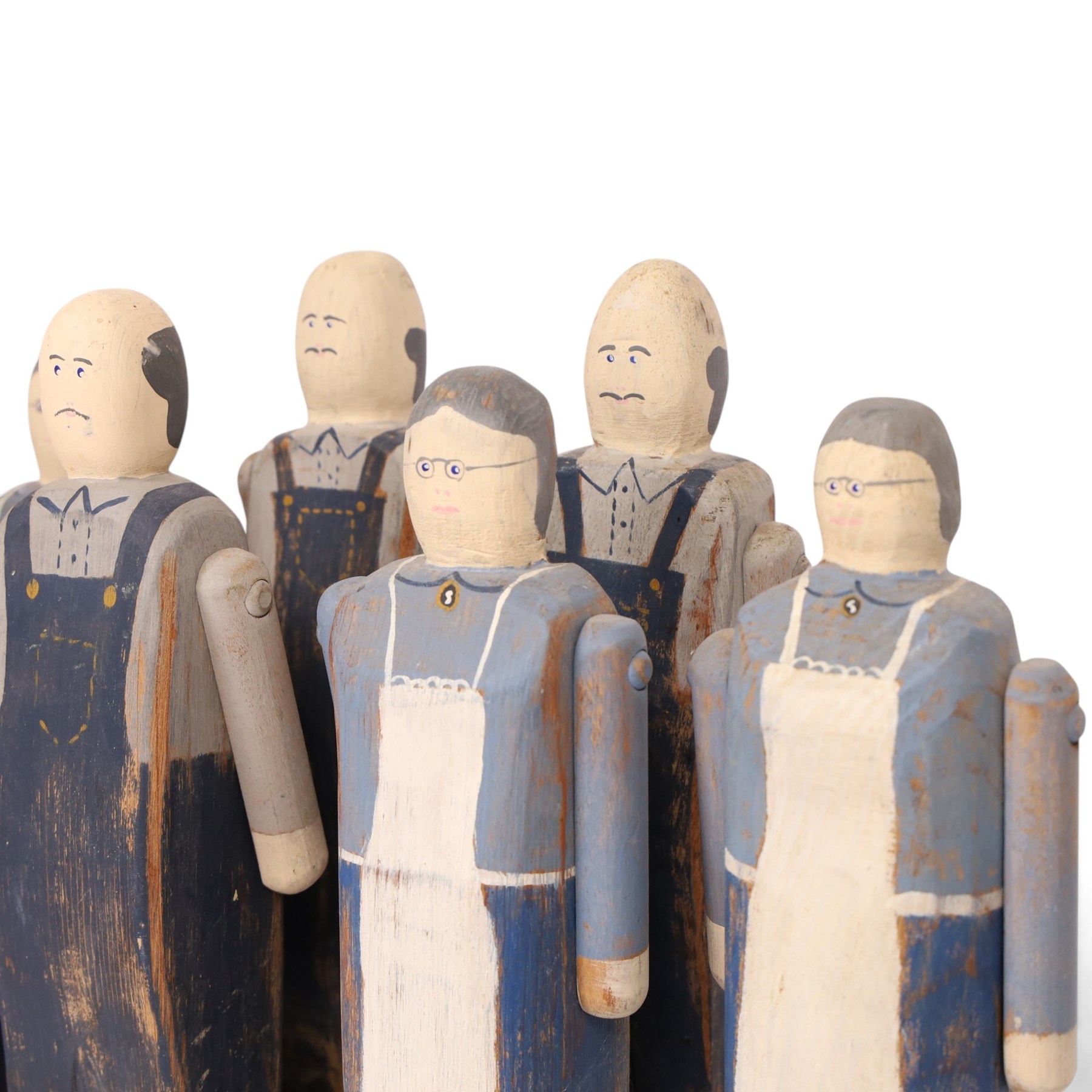 American Folk art figures with articulated arms, by Wolf Creek, makers mark and signatures beneath   