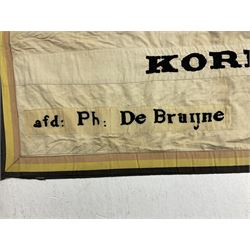 WW2 Belgian Partisan/Resistance two-sided banner embroidered in black on a cream ground 'Belgische Partisanen Korps 032 afd: Ph: De Bruyne' within a Belgian flag border; on wooden pole with gilded metal lion and laurel wreath finial