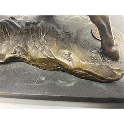 Bronze figure, modelled as a prancing bull, upon a naturalistic base signed Mils and with foundry mark, raised upon a rectangular marble base, overall H14cm