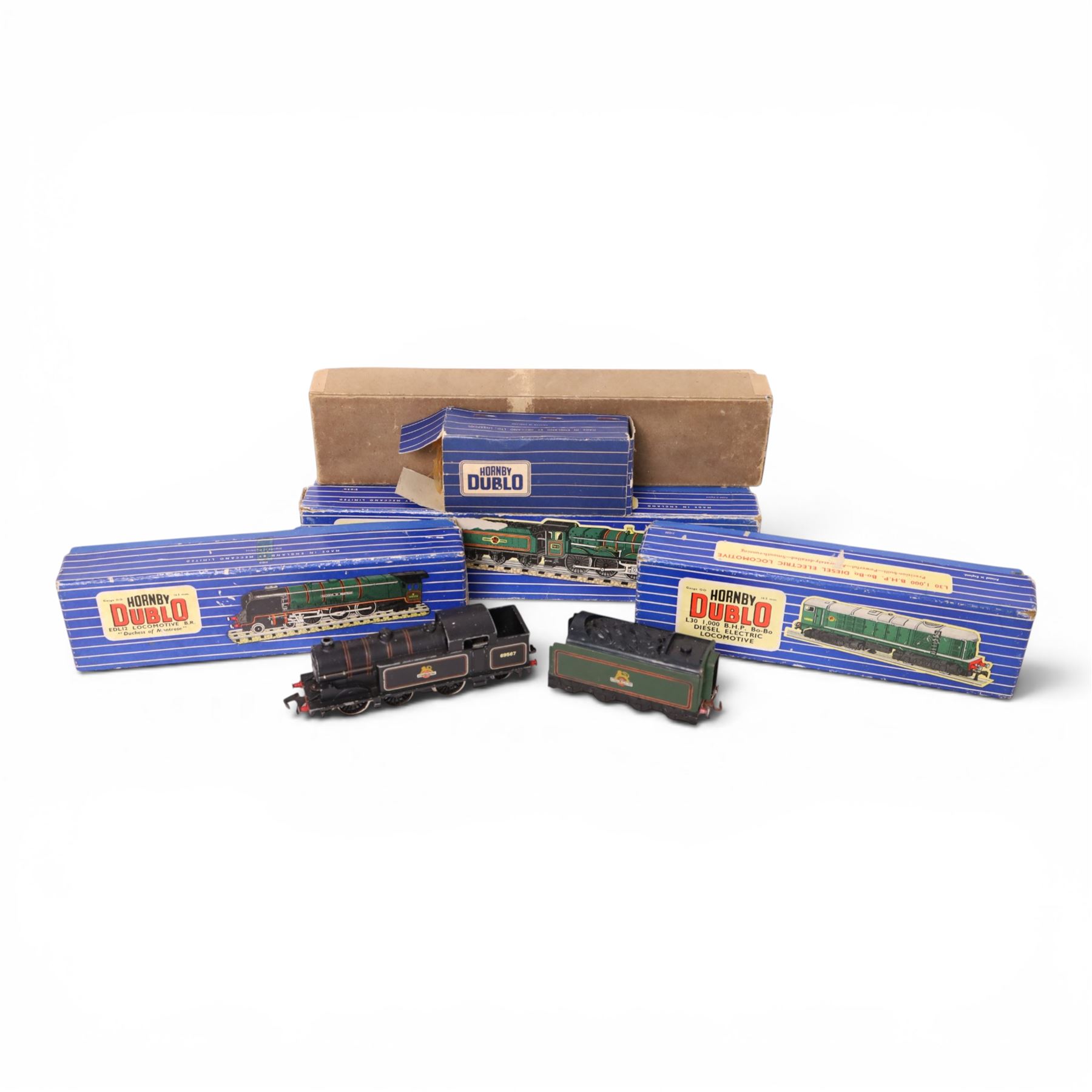 Ten Hornby Dublo three-rail locomotives, including EDLT20 locomotive and tender 'Bristol Castle', EDL12 locomotive 'Duchess of Montrose' and a Bo-Bo Diesel Electric locomotive, three in original striped boxes