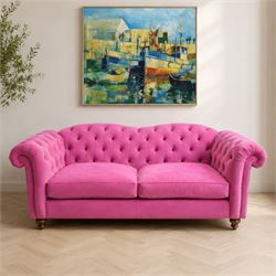 Joules - Windsor Chesterfield three seater sofa in pink velvet, shaped back with deep butt...