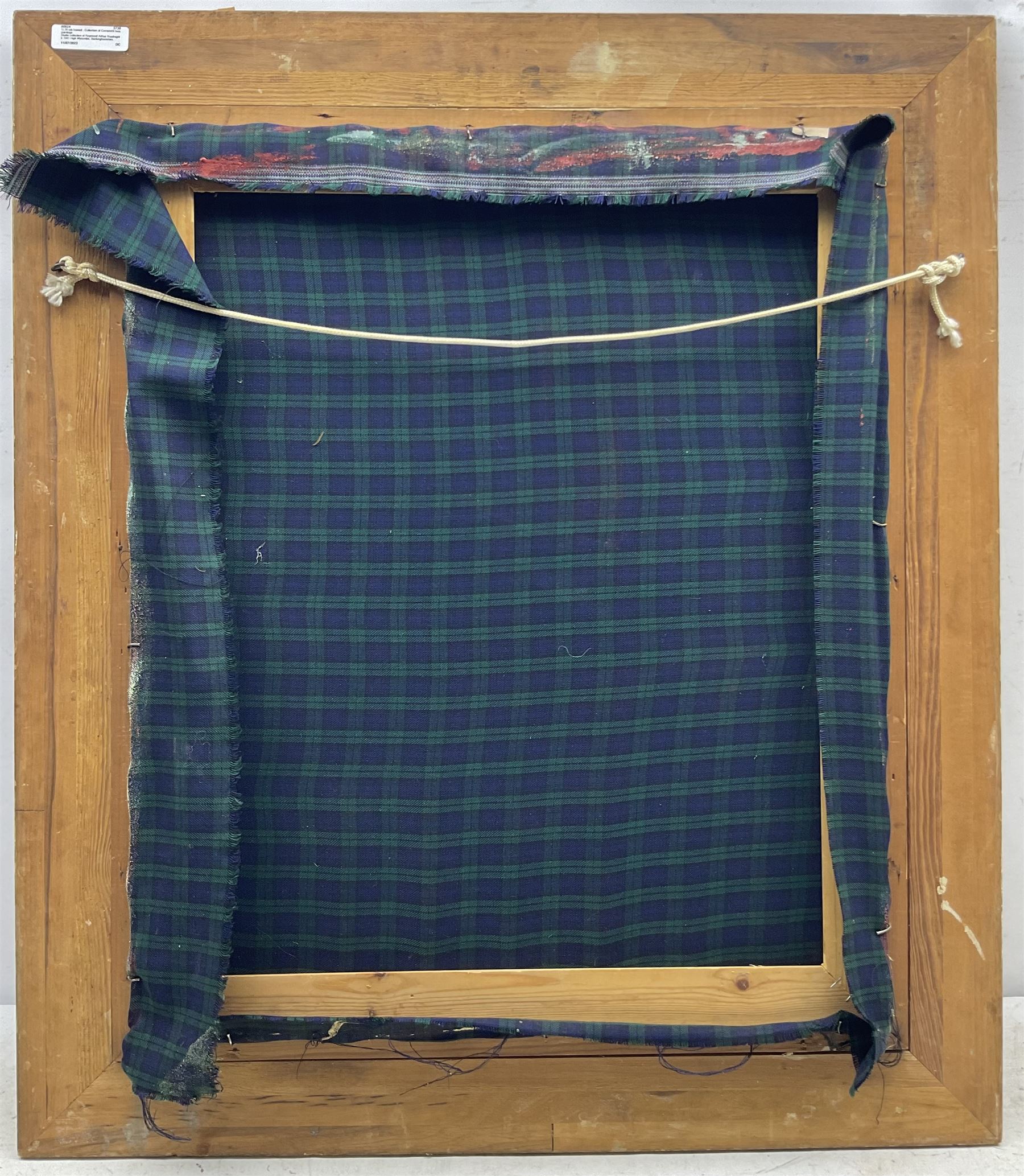 Raymond Arthur Roadnight (British 1941-): Seated Nude being Painted, oil on fabric signed 62cm x 52cm 
Provenance: the artist's studio collection. Born in High Wycombe, Roadnight spent three years training under Patrick Reyntiens and John Piper creating stained glass windows for Liverpool and Coventry cathedrals. These works included the great baptistry window in the New Coventry Cathedral, the 'Lantern' atop the Catholic Cathedral in Liverpool, and the grand windows in Oundle School Chapel. He has exhited at Royal Academy, Alfred East Gallery, Chichele College in Higham Ferriers, and Burleighfield House in Loudwater.