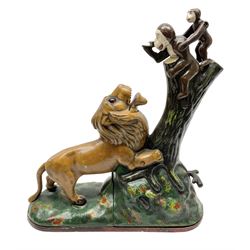 Late 19th century cast-iron mechanical money bank 'Lion and Two Monkeys' by Kyser & Rex with impressed patent mark for 17th July 1883 H25cm L23.5cm