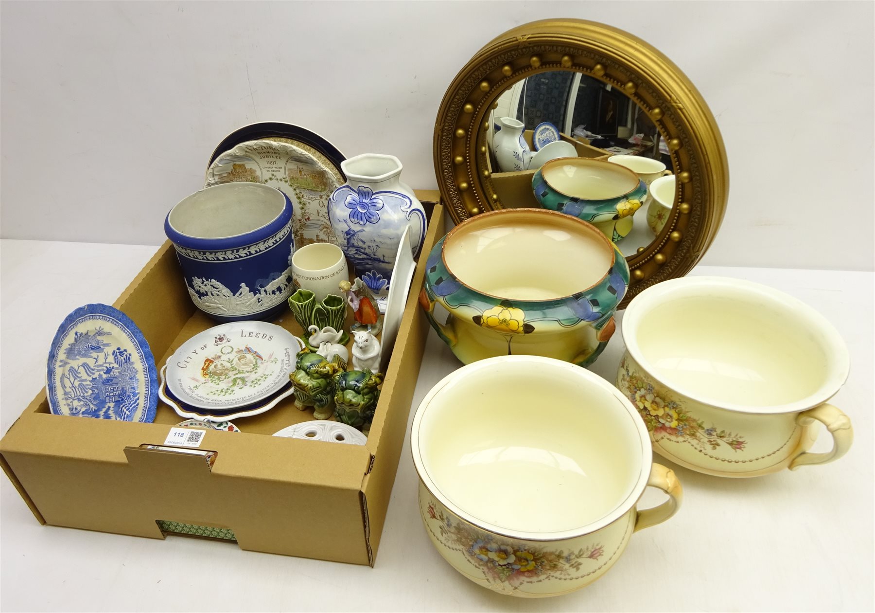 Art Nouveau three handled jardiniere, Adams Jasperware planter, early 20th century chamber pots