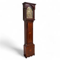 James Gordon of Perth -  8-day mahogany longcase c1790, in a mahogany case with a flat pediment hood and shallow cornice, break arch hood door beneath with matching spiral turned pilasters, trunk with full length conforming spiral pilasters and large brass Corinthian capitals, flat topped trunk door with  crossbanding, inlaid spandrels and an oval fan inlay to the centre, square plinth with matching inlay and a shaped base, brass dial with cast spandrels and circular boss with the makers name to the arch, engraved dial centre with seconds and calendar dials, chapter with Roman numerals, five minute Arabic's and steel hands, dial pinned to a rack striking movement sounding the hours on a bell. With weights and pendulum.  
James Gordon was a respected Scottish clock & watchmaker, granted the liberty to exercise his trade in Perth by the Incorporation of Hammermen on July 1st 1771. Died c1810.

This item has been registered for sale under Section 10 of the APHA Ivory Act

