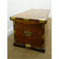  19th century rectangular brass bound oak Seaman's chest, hinged lid with moulded edge on a shaped plinth base, W103cm, H49cm, D51cm  