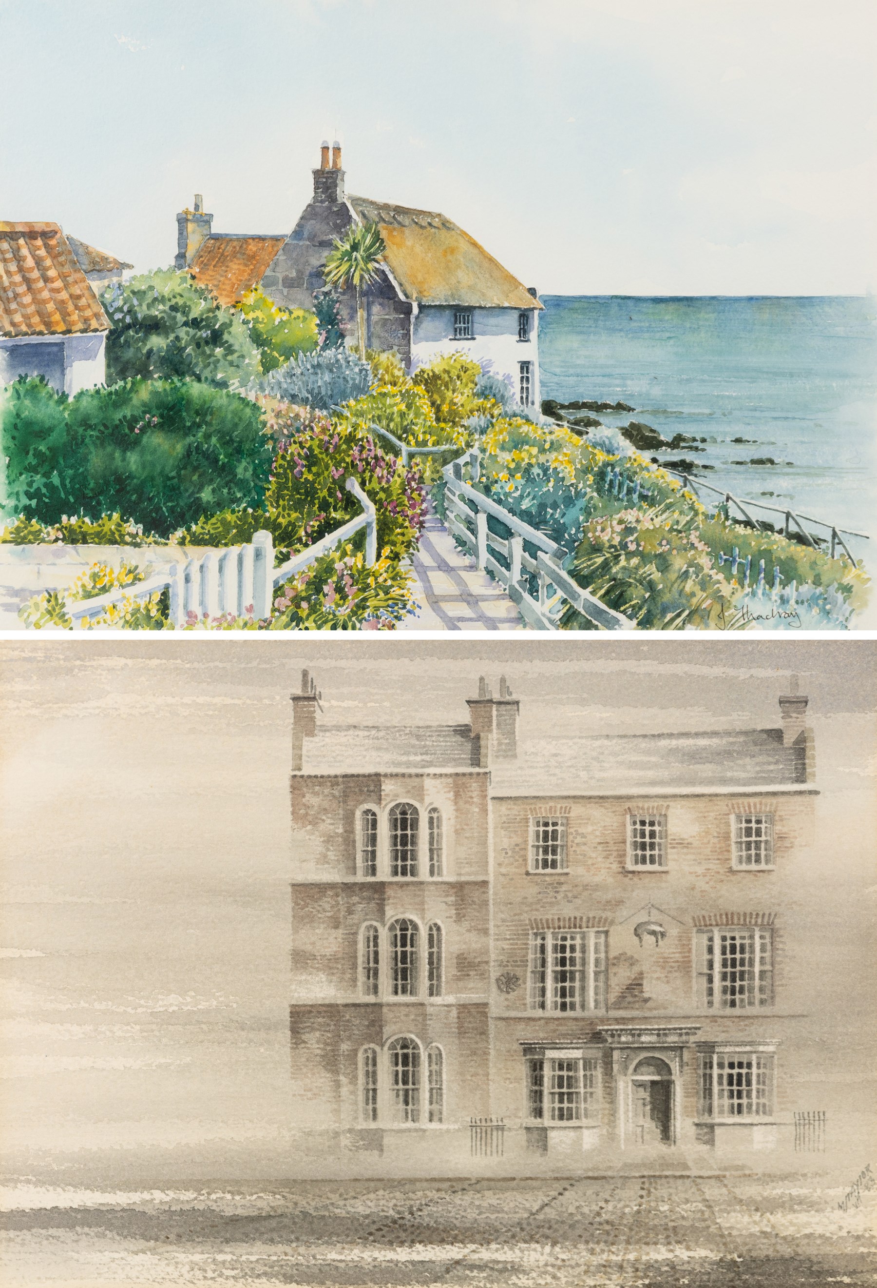 Janet Thackray (British 20th century): Lady Palmer's Cottage - Runswick Bay, watercolour signed 24cm x 34cm; M Taylor (British 20th century): 'Thistle - The Fleece Shorn', watercolour signed and dated '83, titled on label verso 25cm x 34cm (2)