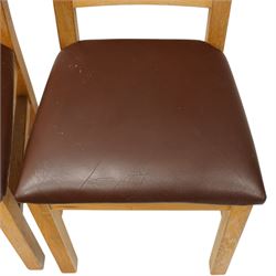 Late 20th century solid light oak refectory style dining table, rectangular top raised on square supports united by stretcher (W180cm D100cm H81cm); Set of six light oak high-back dining chairs with burgundy leather seats (W49cm H109cm)