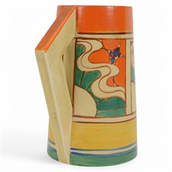 Clarice Cliff, Orange Sunrise pattern, jug circa 1930, of Odilon form, with printed Fantasque mark beneath, H18cm