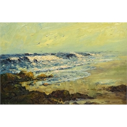  Robert Leslie Howey (British 1900-1981): 'Rough Seas Durham Coast', oil on panel signed and dated '70, 29cm x 42cm Provenance: with T B & R Jordan Stockton-on-Tees, label verso  DDS - Artist's resale rights may apply to this lot   