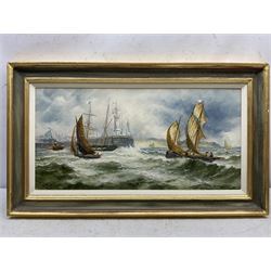 A Turner (British 19th century): Yarmouth Boats Rounding the Lighthouse, oil on canvas signed 30cm x 60cm