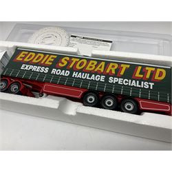 Corgi Eddie Stobart - three limited edition lorries; CC12901 Scania Topline Curtainside; CC13101 Volvo F88 Box Trailer; and CC13207 DAF XF Space Cab & Flatbed Trailer; all boxed (3)