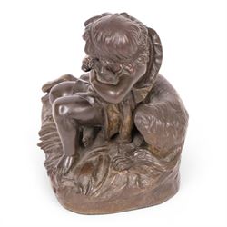 After Auguste Joseph Peiffer, bronzed figure group, Boy with his dog and puppy, H15cm