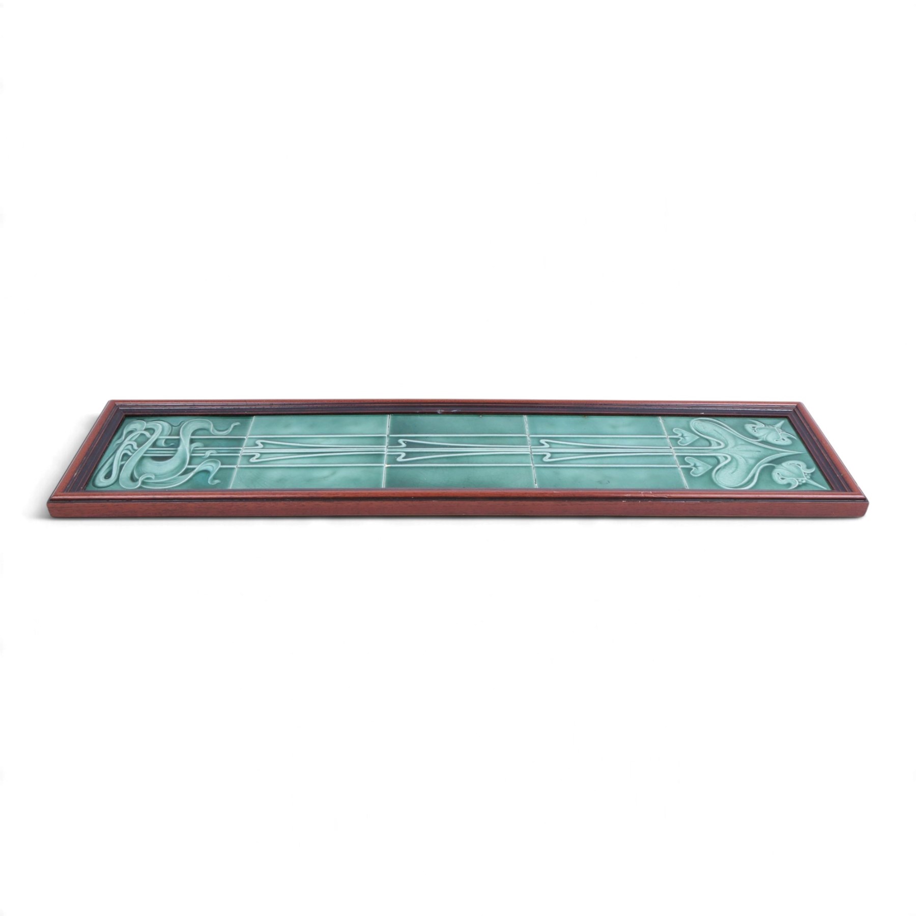 Set of Maw & Co tiles, The Four Seasons: Art Nouveau in style and a similar framed set of five green tiles