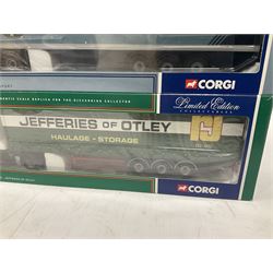 Corgi - three limited edition 1:50 scale heavy haulage vehicles comprising CC124Volvo FH Globetrotter Curtainside Jefferies of Otley; CC12005 MAN Fridge Trailer Pulleyn Transport; and CC13408 ERF ECT Olympic Curtainside Richard Read (Transport) Ltd; all boxed (3)