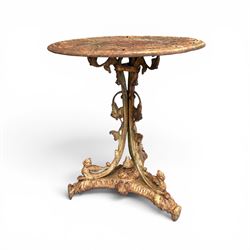 Victorian cast iron garden table, circular pierced top with foliate and scroll decoration,...