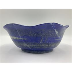 Carved bowl, flat-bottomed bowl carved from a single piece of Lapis lazuli with flared rim, H8cm, L21cm