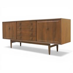 Ensign - Mid-20th century elm sideboard, with a central bank of four drawers, flanked by cupboard doors, raised on tapering supports, labelled Ensign Bristow & Townsend Ltd