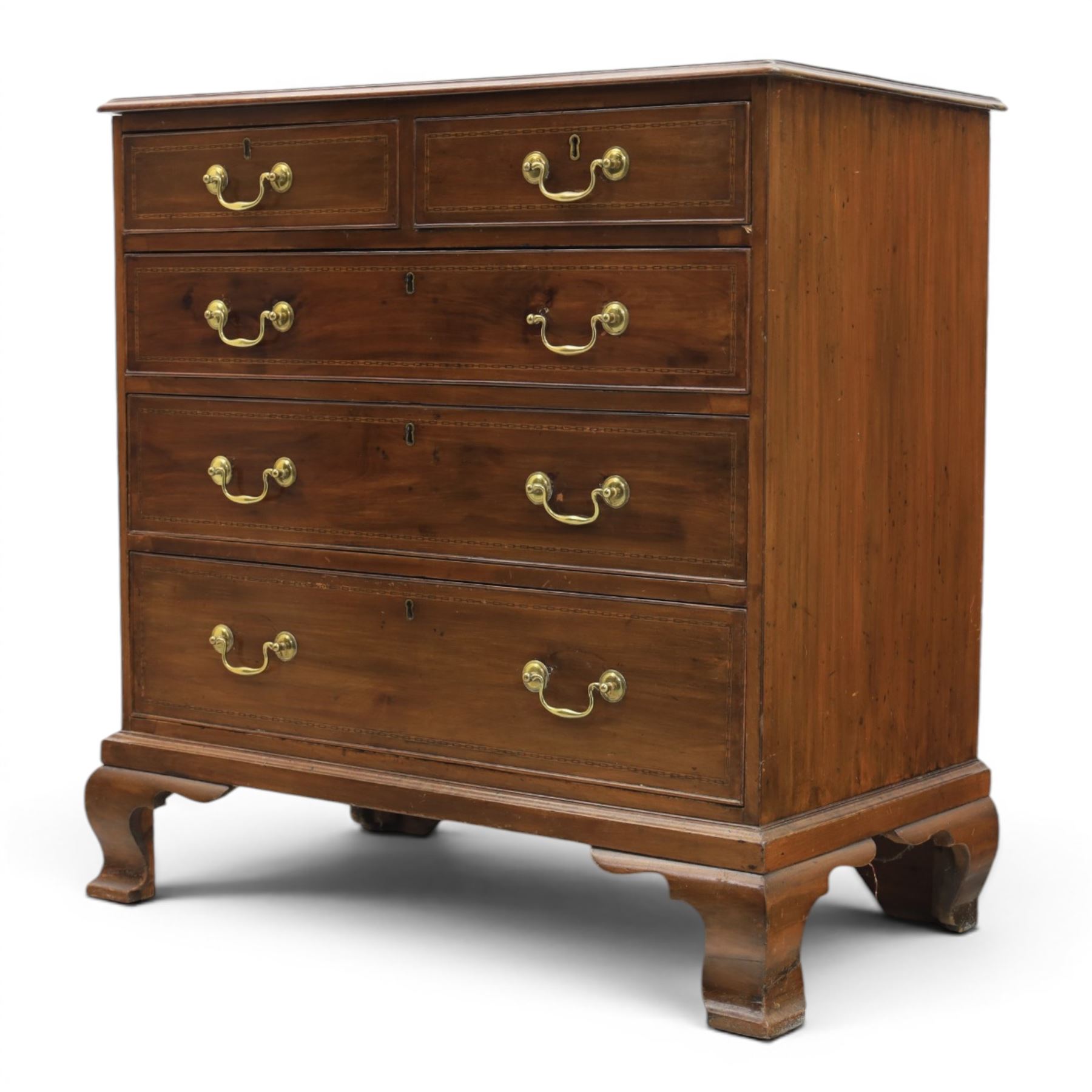 George III inlaid mahogany chest, shell inlaid and line chain detail, brass swan neck with cockbeaded edges, raised on bracket feet  